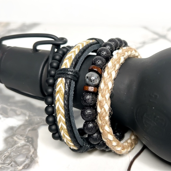✯ 4/$15 Men’s 4PC Lava Rock Onyx Olive Cowhide Bracelet Set - Picture 2 of 4